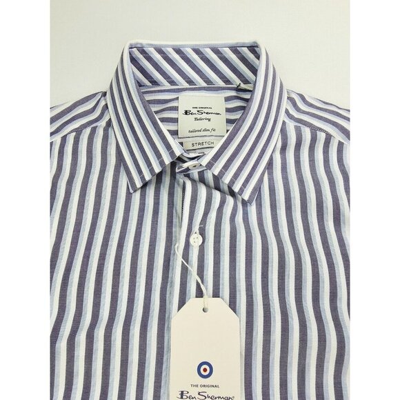 Ben Sherman Tailored Slim Fit Stretch Size 15.5 32-33 White Blue Gray Shirt NWT - Picture 1 of 12